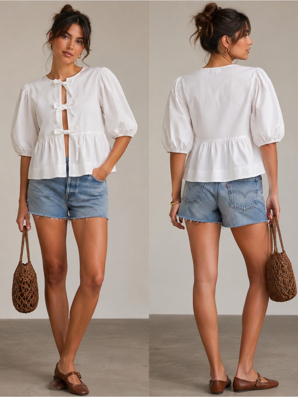 Isalis White Tie Front Puff Sleeve Peplum Blouse Cottagecore Top